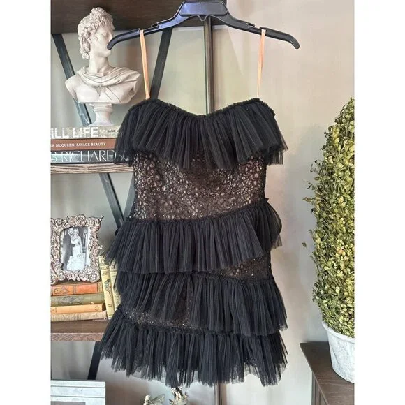 BCBGMAXAZRIA Sequin Lace & Pleated Iba Tulle Black Womens Size 6 - Picture 8 of 15